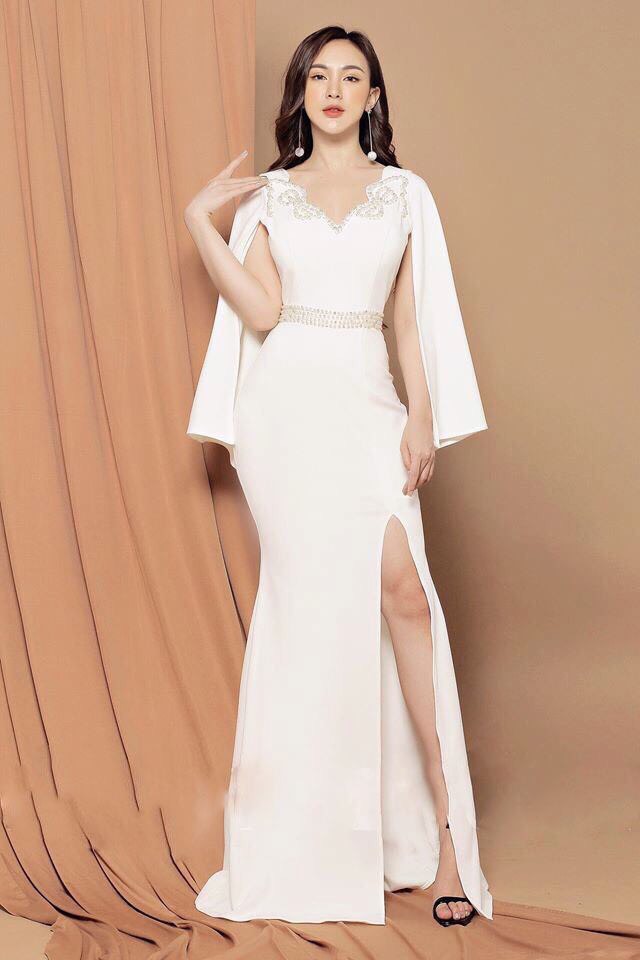 Đầm váy trắng, đầm trắng dự tiệc tay dài phồng nhẹ, cổ đắp chéo chữ V dễ  thương, thanh lịch | Shopee Việt Nam