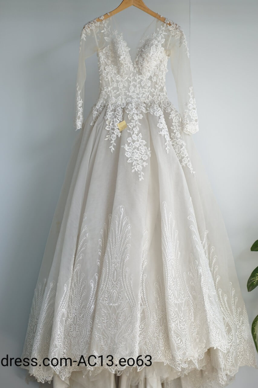 Váy cưới serie xòe tay dài màu trắng đính hoa phần trên và ngọc trai sang trọng