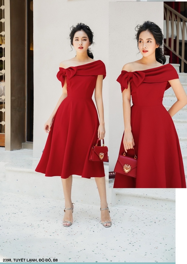 Đầm dạ hội đỏ váy cưới đầm đi tiệc thiết kế cổ chữ V sang trọng CVXT   maxivn