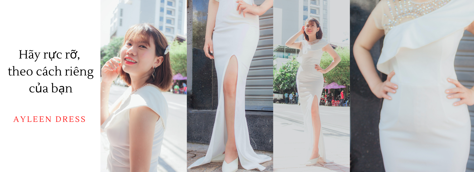 Đầm dạ hội trắng đính hạt xẻ tà sang trọng