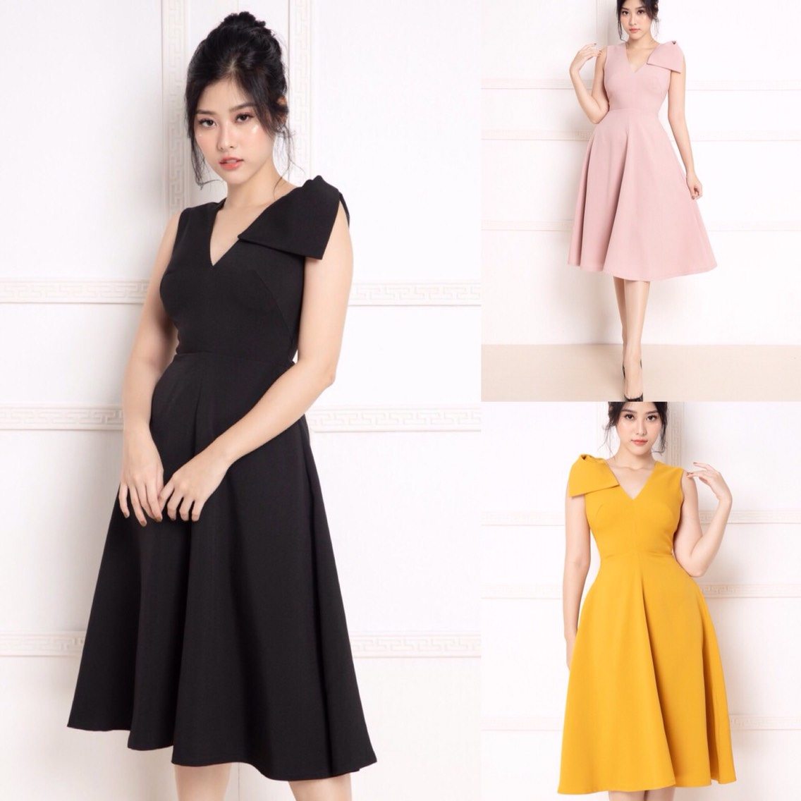 Đầm xòe hai dây rớt vai phối bèo KK10812  Thời trang công sở KK Fashion