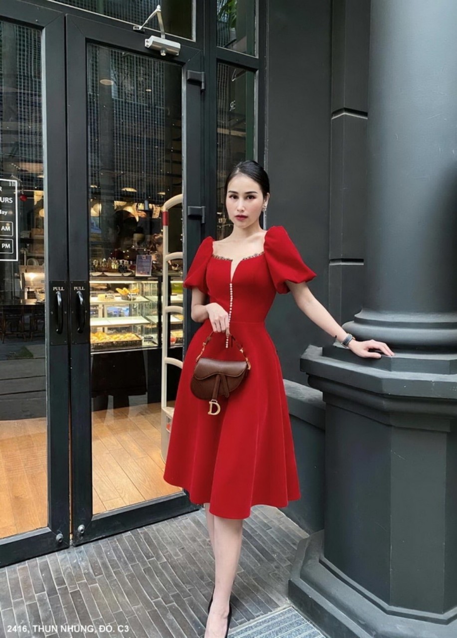 Váy xòe nhung đỏ tay lỡ  V930  Topvay Fashion