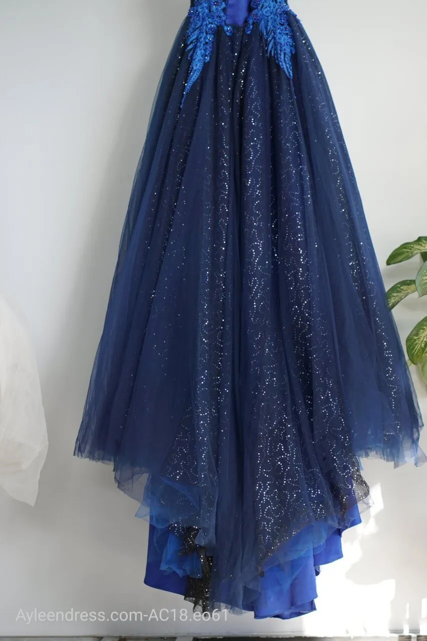 Cho thuê váy xanh dương xòe dài bẹt vai DENIO – Hizu Dress Up