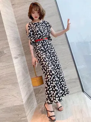 Jumpsuit hoa dài cúc họa mi tay xẻ