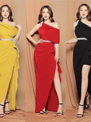Đầm dạ hội body trễ vai xẻ tà kèm tag vai (không kèm belt)