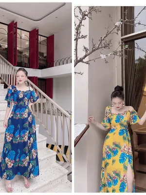 Đầm maxi trễ vai xẻ tà họa tiết trẻ trung