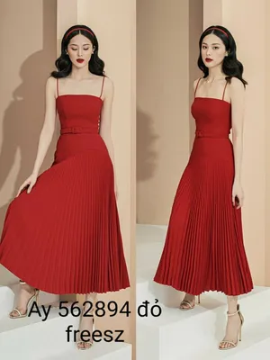 Đầm xoè kiểu cúp ngực hai dây xếp ly phối đai eo