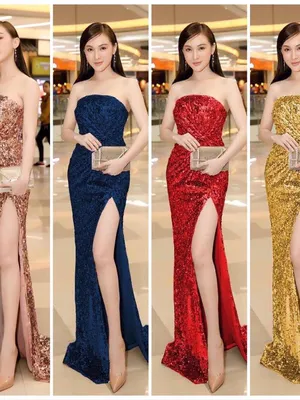 Đầm dạ hội kim sa phối lưới xẻ tà cúp ngực