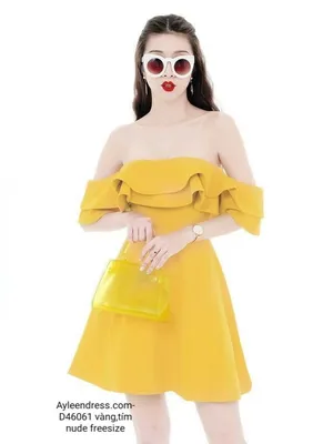 Đầm xòe trễ vai ngang cúp ngực phối bèo