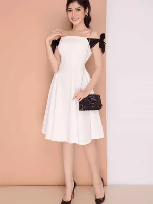 Đầm dự tiệc xòe cột nơ hai tay xinh xắn