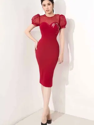 Đầm ôm body đỏ tay phồng có lót ngực sang trọng