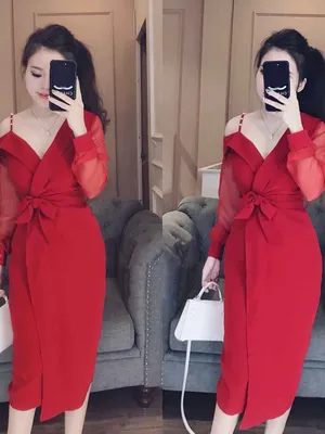 Đầm ôm body đỏ dài tay lệch vai trẻ trung