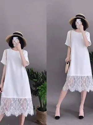 Đầm suông trắng phối ren chân váy