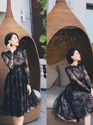 Đầm ren xòe dài tay sang trọng màu đen