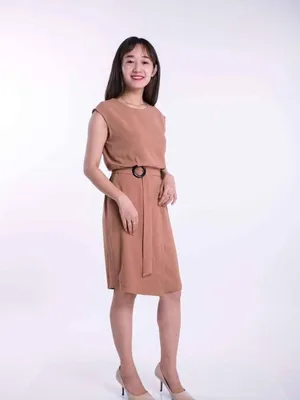 Đầm công sở sát nách màu nude kèm thắt lưng hoa hồng