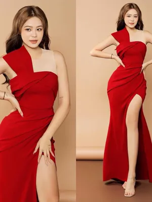 Đầm dạ hội sát nách xếp ly xẻ tà quyến rũ