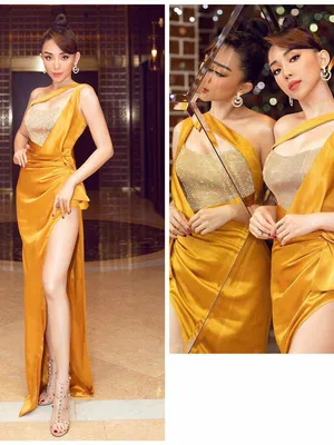 Đầm dạ hội vàng gold phối kim tuyến quyến rũ sang trọng