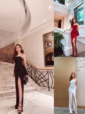 Đầm dạ hội hai dây nhúng eo xẻ tà quyến rũ