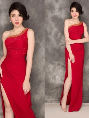 Đầm dự tiệc lệnh vai kết ngọc trai sang trọng màu đỏ