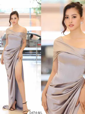 Đầm dự tiệc dài trễ vai xẻ tà màu xám quyến rũ
