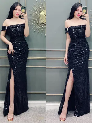 Đầm dạ hội kim sa xẻ tà trễ vai sang trọng