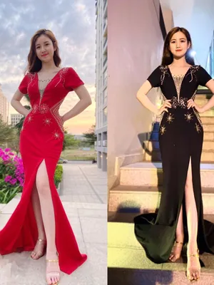 Đầm dài dự tiệc đính ngọc thiết kế tay con xẻ tà thanh lịch