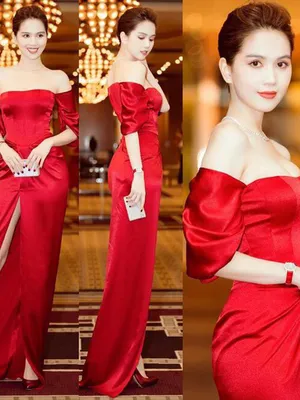 Đầm dạ hội đỏ trễ vai tay lỡ xẻ tà quyến rũ