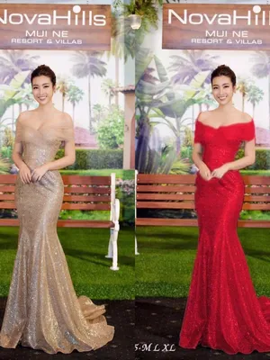 Đầm dạ hội kim sa đuôi cá trễ vai sang trọng