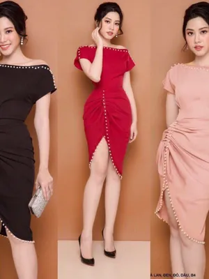 Đầm ôm body dự tiệc trễ vai đính nút lệch eo cực đẹp
