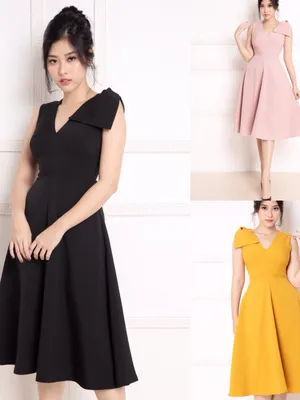 Đầm xòe nữ tính thiết kế cổ tim nơ vai cực dễ thương