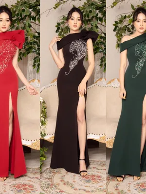 Đầm dạ hội trễ vai kết nơ xẻ tà cá tính