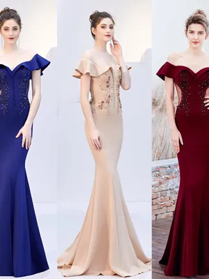 Đầm dạ hội đính hoa xẻ tà trễ vai nhúng bèo khoét eo