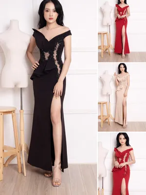 Đầm dài dự tiệc xẻ tà trễ vai vạt eo kết hạt quyến rũ