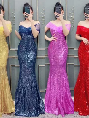 Đầm dạ hội kim sa trễ vai quyến rũ sang trọng
