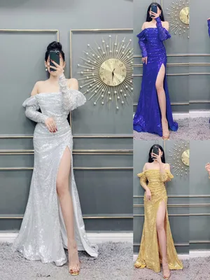 Đầm dạ hội kim sa trễ vai dài tay trẻ trung quyến rũ