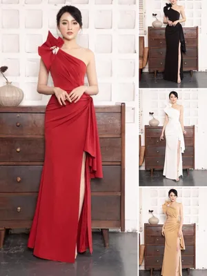 Đầm dạ hội xẻ đính tag nơ một vai