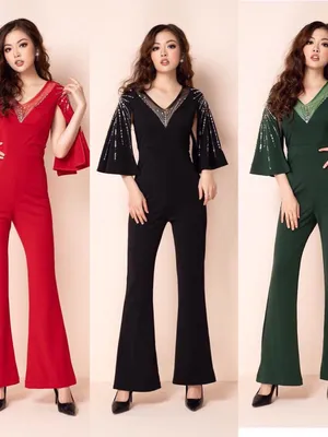 Jumpsuit tay loe đính ngọc quần ống loe