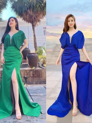 Đầm dạ hội cánh dơi xẻ tà màu xanh sang trọng lộng lẫy