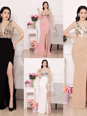 Đầm dạ hội ôm body xẻ tà đính đá gương ngũ sắc