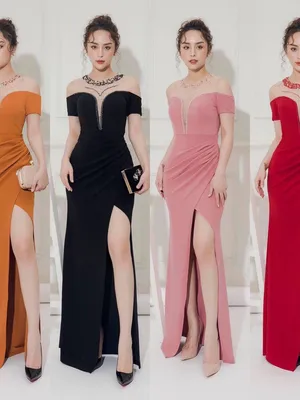 Đầm dạ hội xẻ tà kết kim sa vòng cổ sang trọng che khuyết điểm