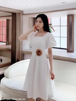 Đầm xòe chữ A cổ vuông tay ngắn phồng