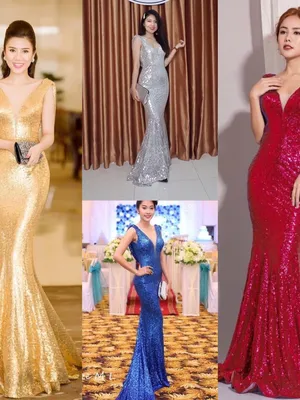 Đầm dạ hội kim sa đuôi cá không tay cổ đổ