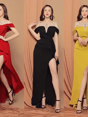 Đầm dạ hội tay xẻ tà đính kim sa rớt vai che bụng to