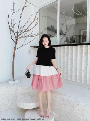 Đầm xòe tay ngắn phối 3 màu xinh xắn
