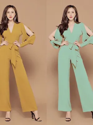 Jumpsuit tay dài xẻ đính nút thanh tú