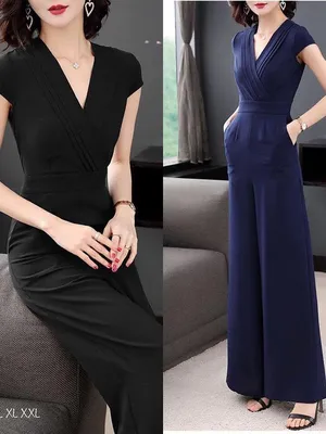Jumpsuit ống rộng cổ V tay con