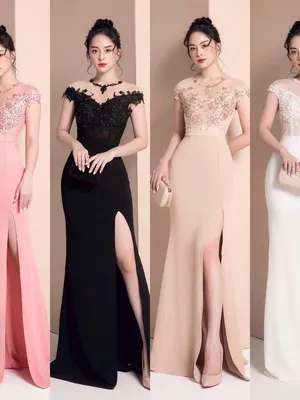 Đầm dạ hội đính ngọc 3D cổ tròn