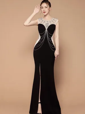 Đầm dạ hội kết pha lê chuỗi ngực và eo