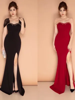 Đầm dạ hội đính pha lê cổ vuông tay lưới