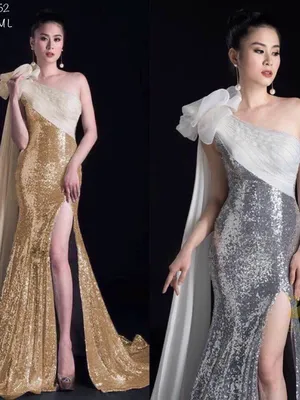 Đầm dạ hội kim sa lệch vai phối nơ đẳng cấp
